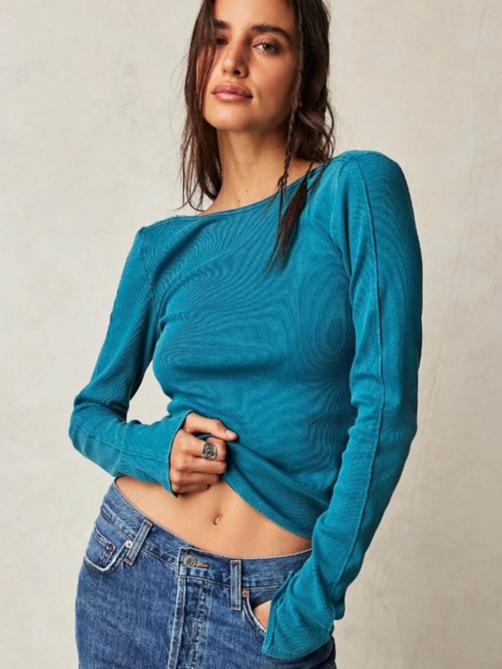 Free People We The Free Unapologetic Long Sleeve Tee Crystal Teal size Small